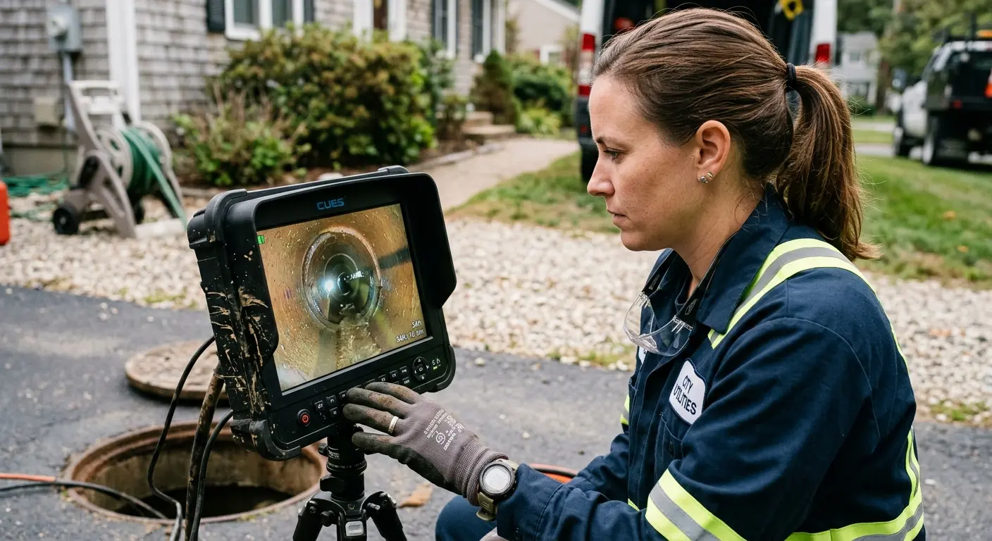 Technician reviewing sewer camera inspection footage in Siler City