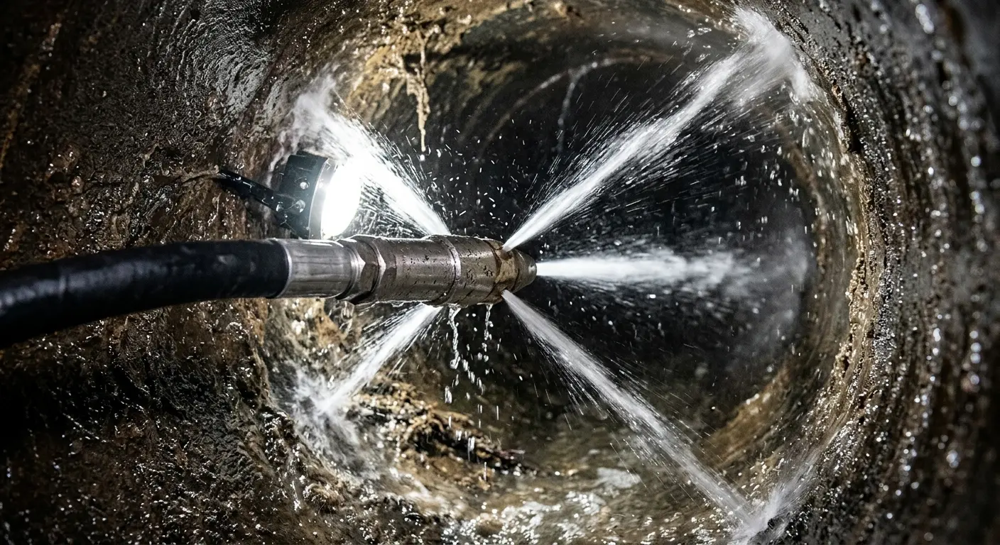 High-pressure hydro jetting nozzle cleaning sewer pipe for Emergency Drain Service in Siler City