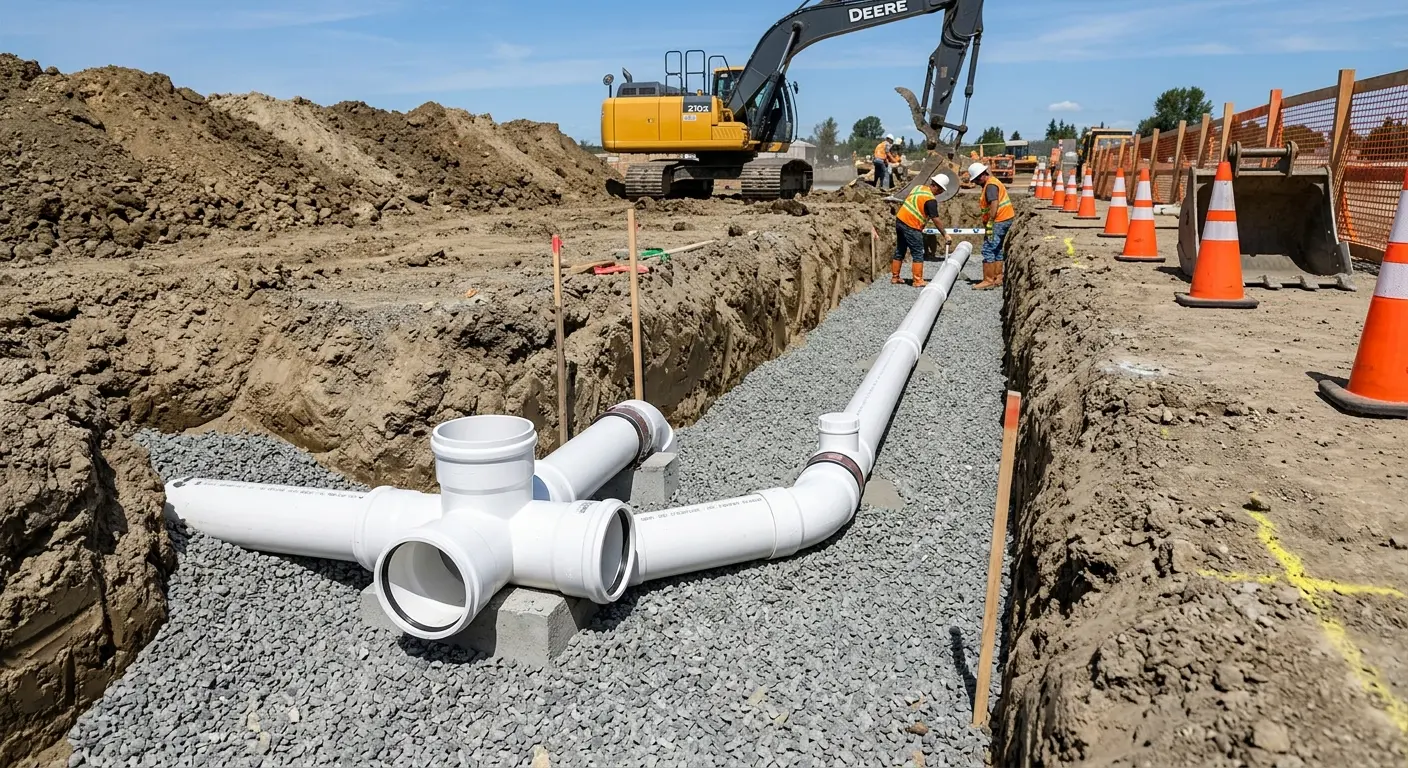 New PVC sewer pipe installation in open trench for Commercial Drain Cleaning in Siler City