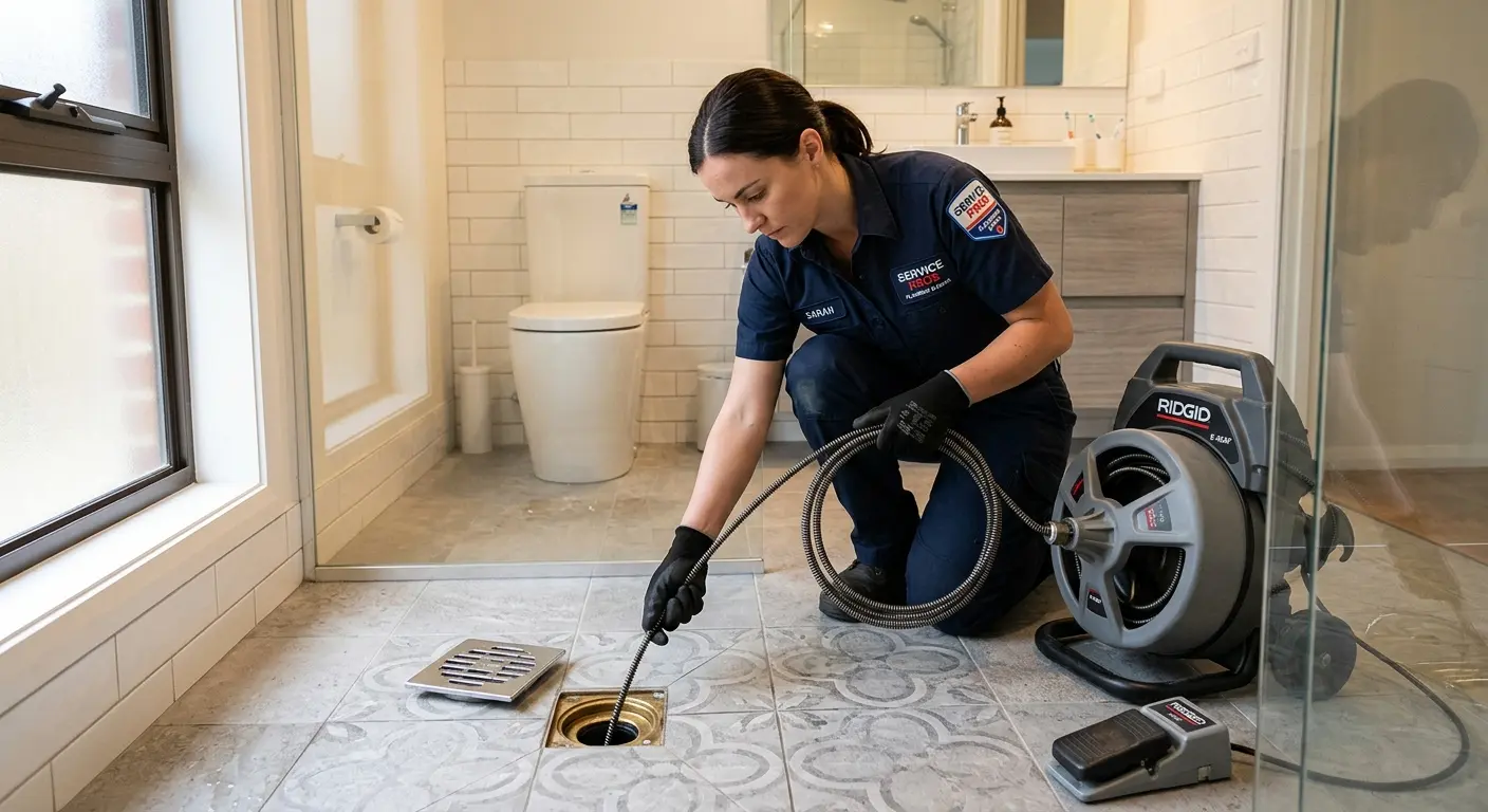 Technician clearing a bathroom floor drain for Hydro Jetting in Siler City